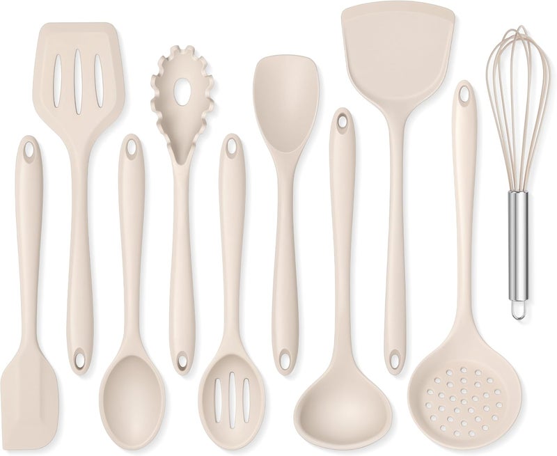 Onader Silicone Cooking Utensils Set of 10, Kitchen Utensils for Nonstick Cookware, Heat Resistant & Nontoxic Spatula Set- Khaki - Image 1